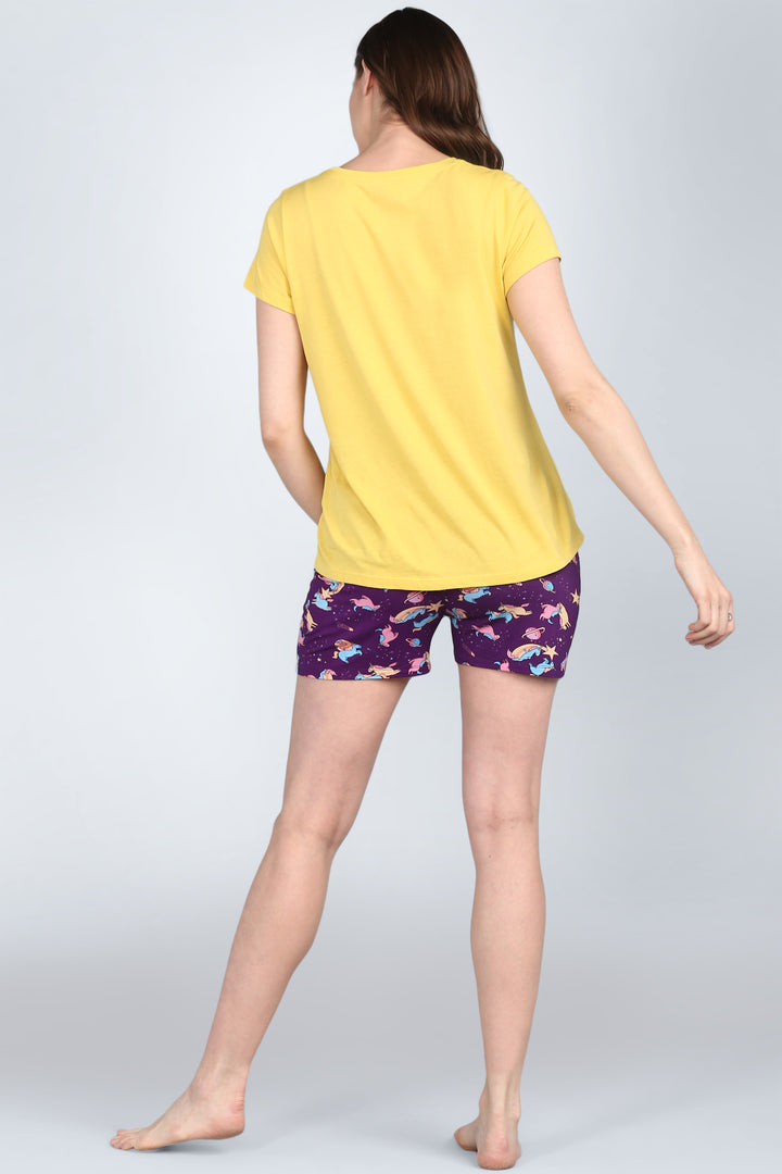 "Spaced Out Unicorn Shorts Set featuring colorful unicorn design and yellow top."