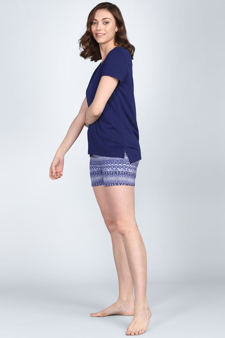 Royal Blue V-Neck Shorts Set model showcasing stylish casual wear.