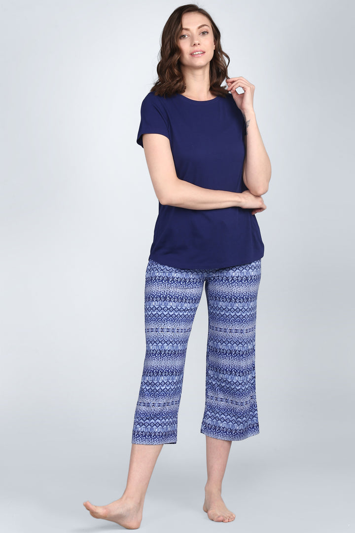 Blue Tiger Capri Set featuring stylish blue top and patterned capri pants.