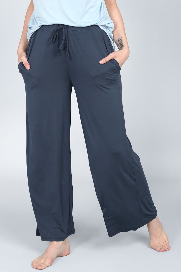 Ombre blue lounge set featuring comfortable wide-leg pants and pockets.