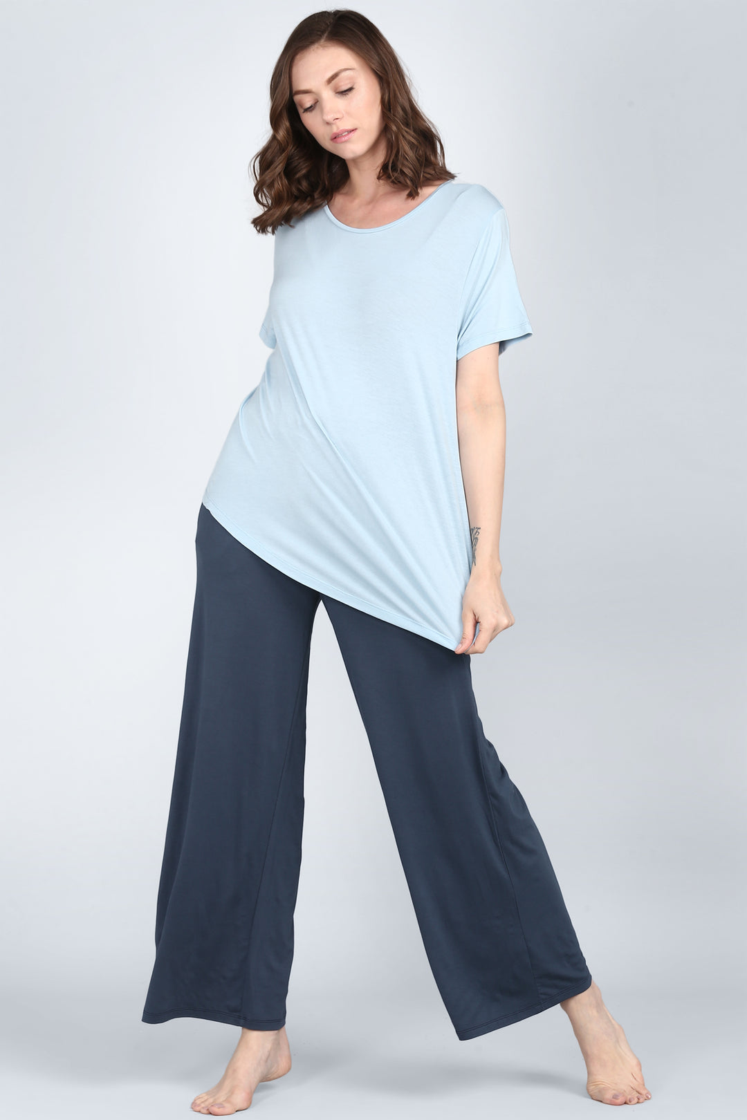 Ombre blue lounge pant styled with a light blue top.