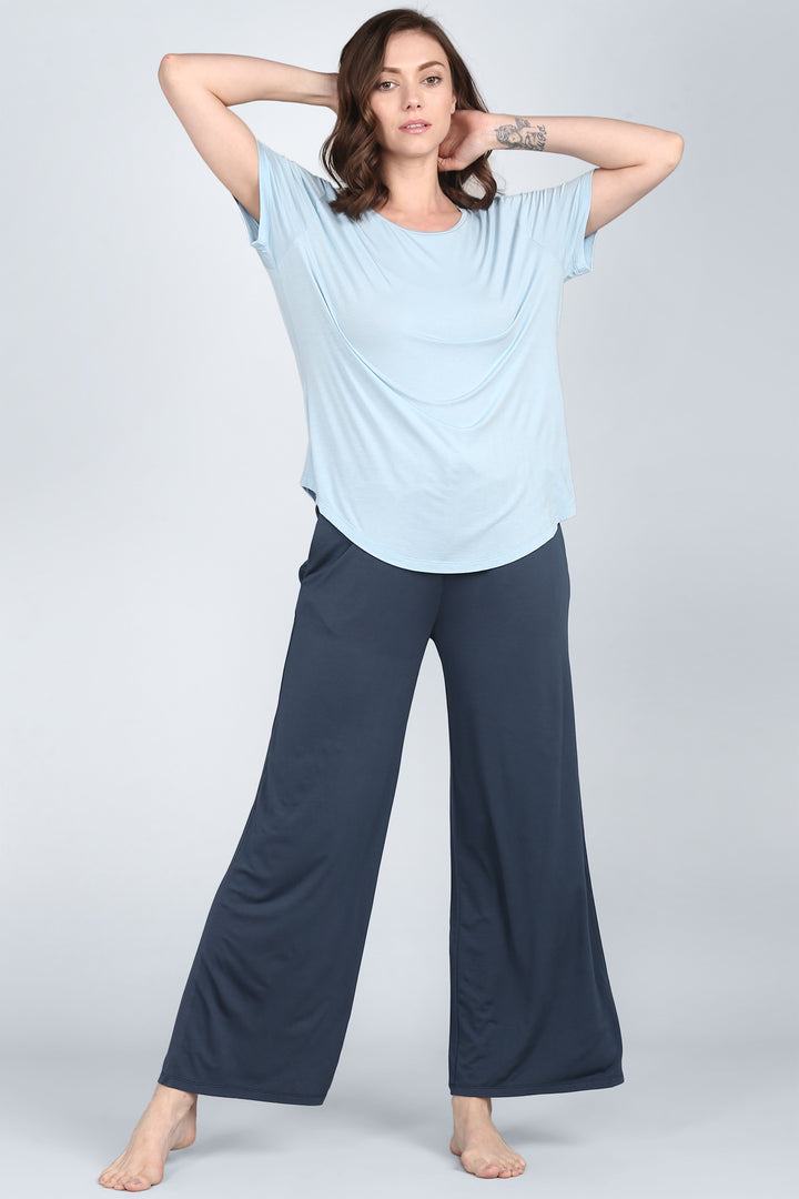 Ombre Blue Lounge Pant model posing in soft, stylish lounge wear.