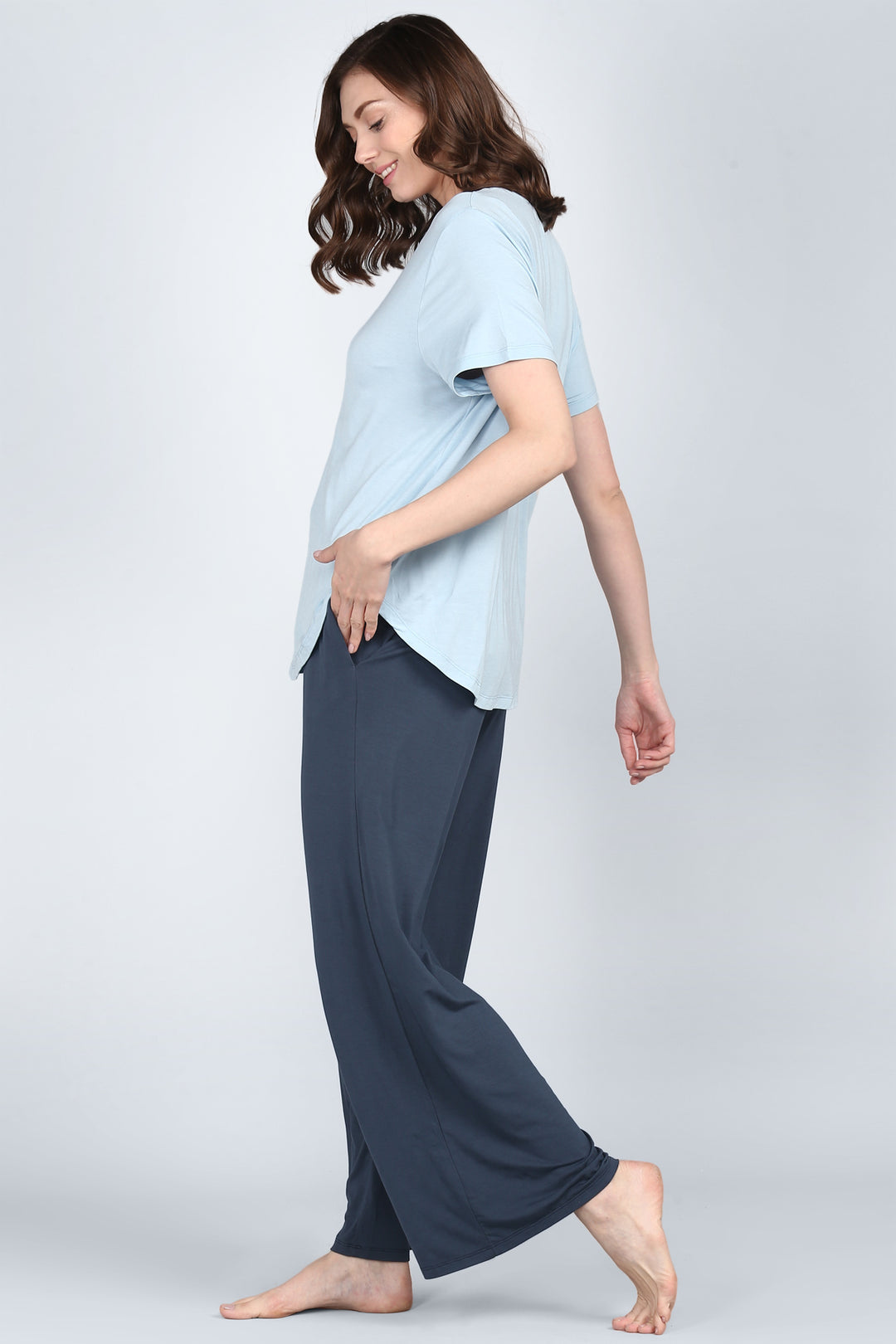 Ombre blue lounge pant with side view of model, casual and stylish.