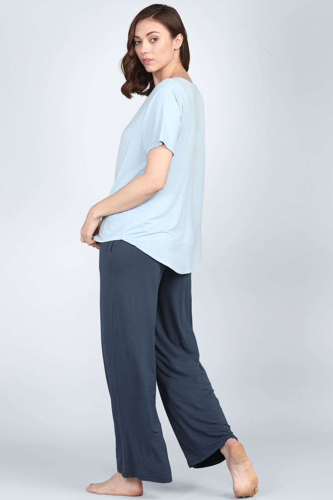 Ombre Blue Lounge Pant worn by model, relaxed fit and stylish design.
