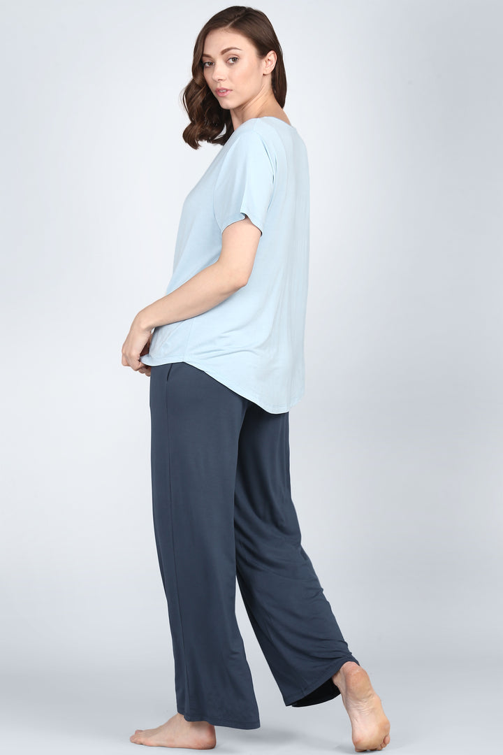 Ombre Blue Lounge Pant worn by model, relaxed fit and stylish design.