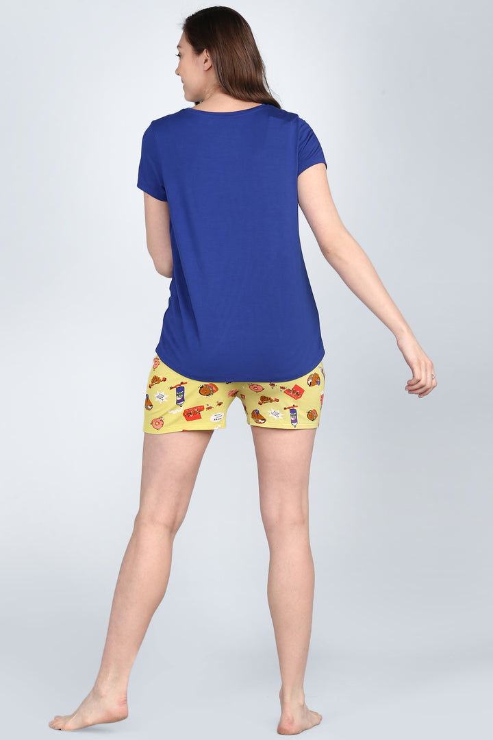 Snuggle Blue Shorts Set featuring a casual blue top and fun yellow shorts.