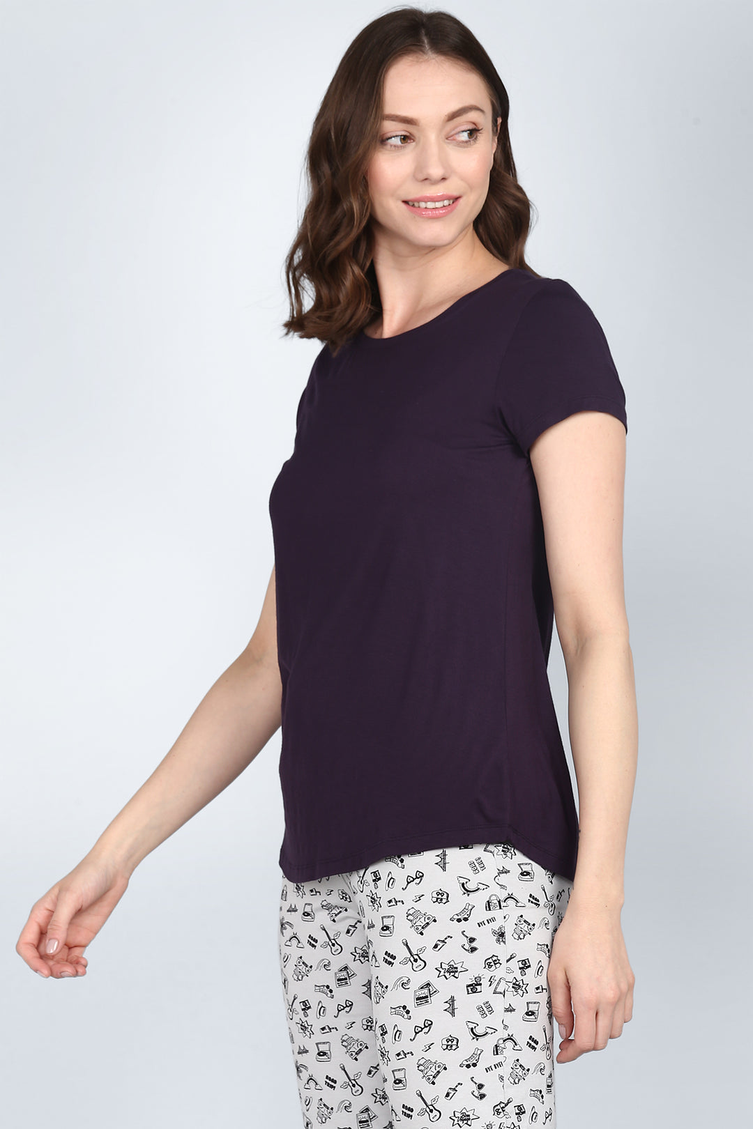 Model wearing Love Sleep Blue Top, showcasing relaxed style and comfort.