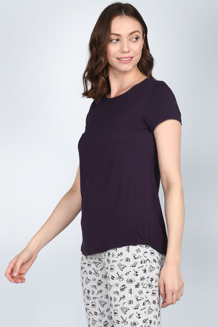 Model wearing Love Sleep Blue Top, showcasing relaxed style and comfort.