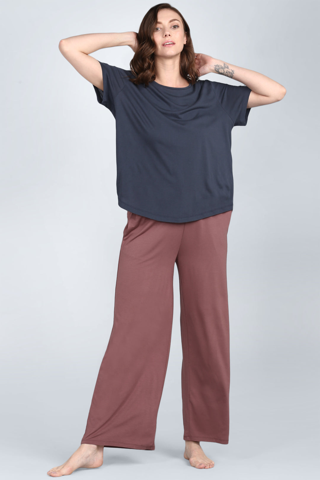 Rose Taupe Lounge Set featuring relaxed top and wide-leg pants.