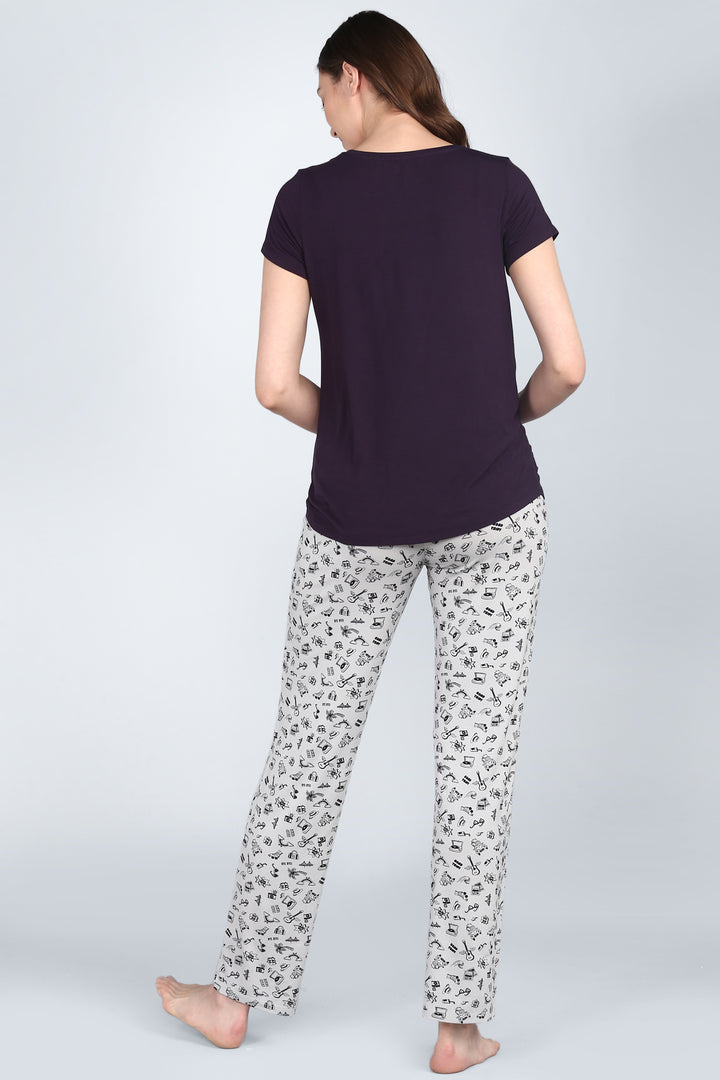 "Back view of Love Sleep Blue Pajama Set featuring playful printed pants."
