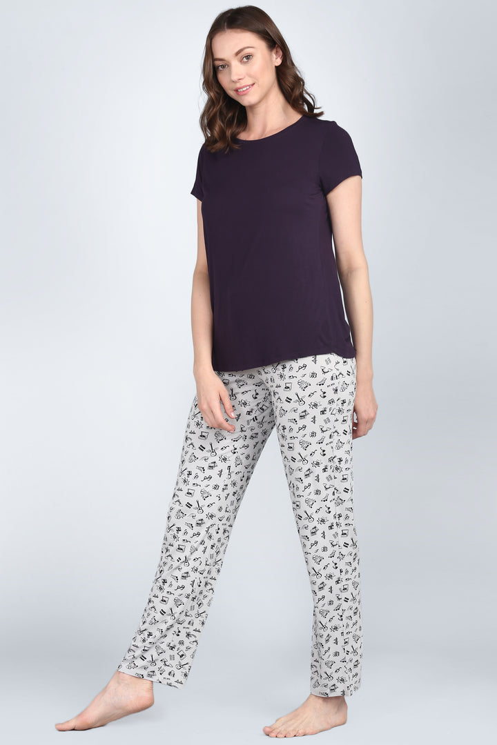 Love Sleep Blue Pajama Set with stylish top and patterned pants.
