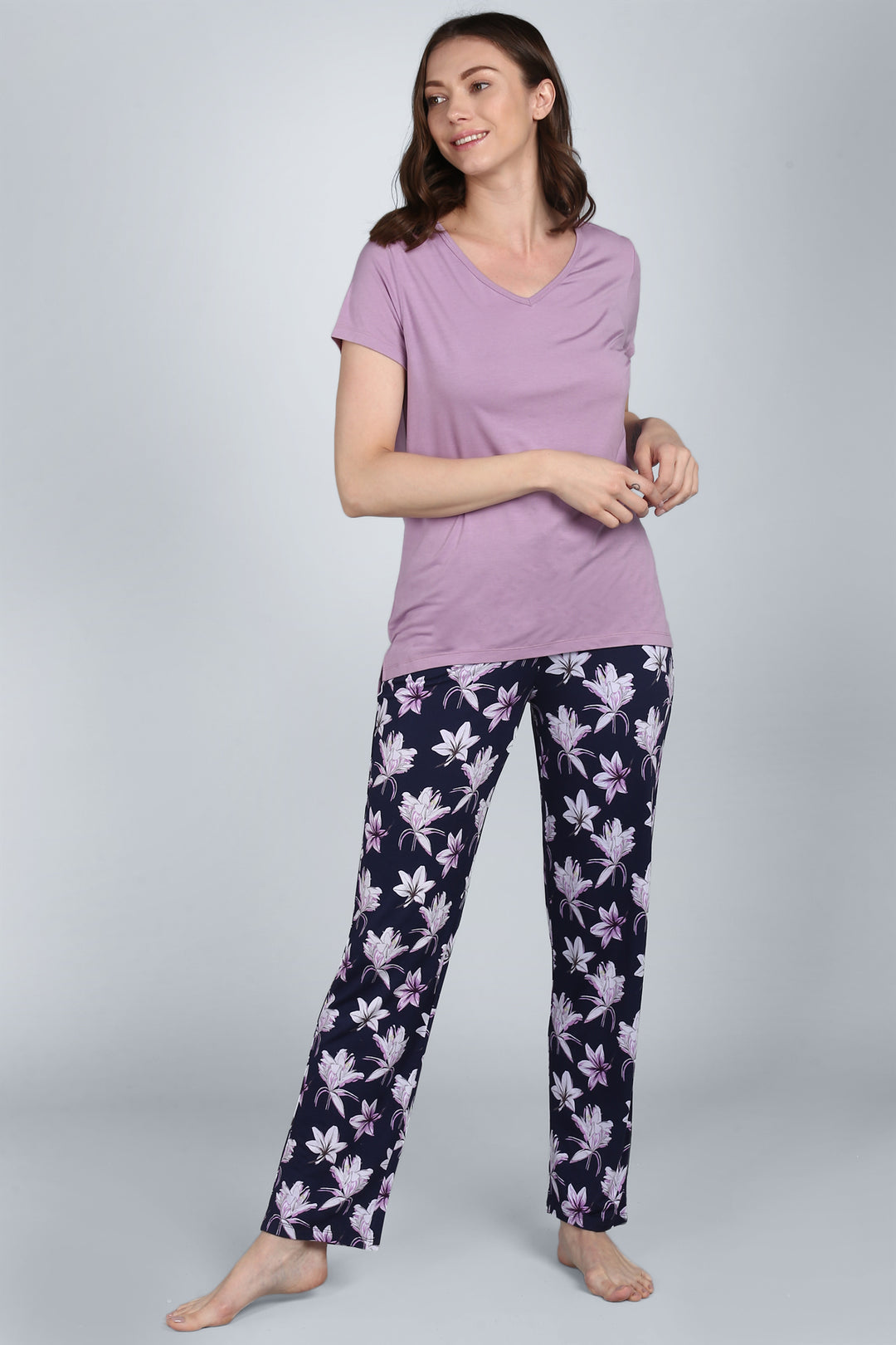 Lavender Sparkle Pajama Set featuring soft tee and floral pants.