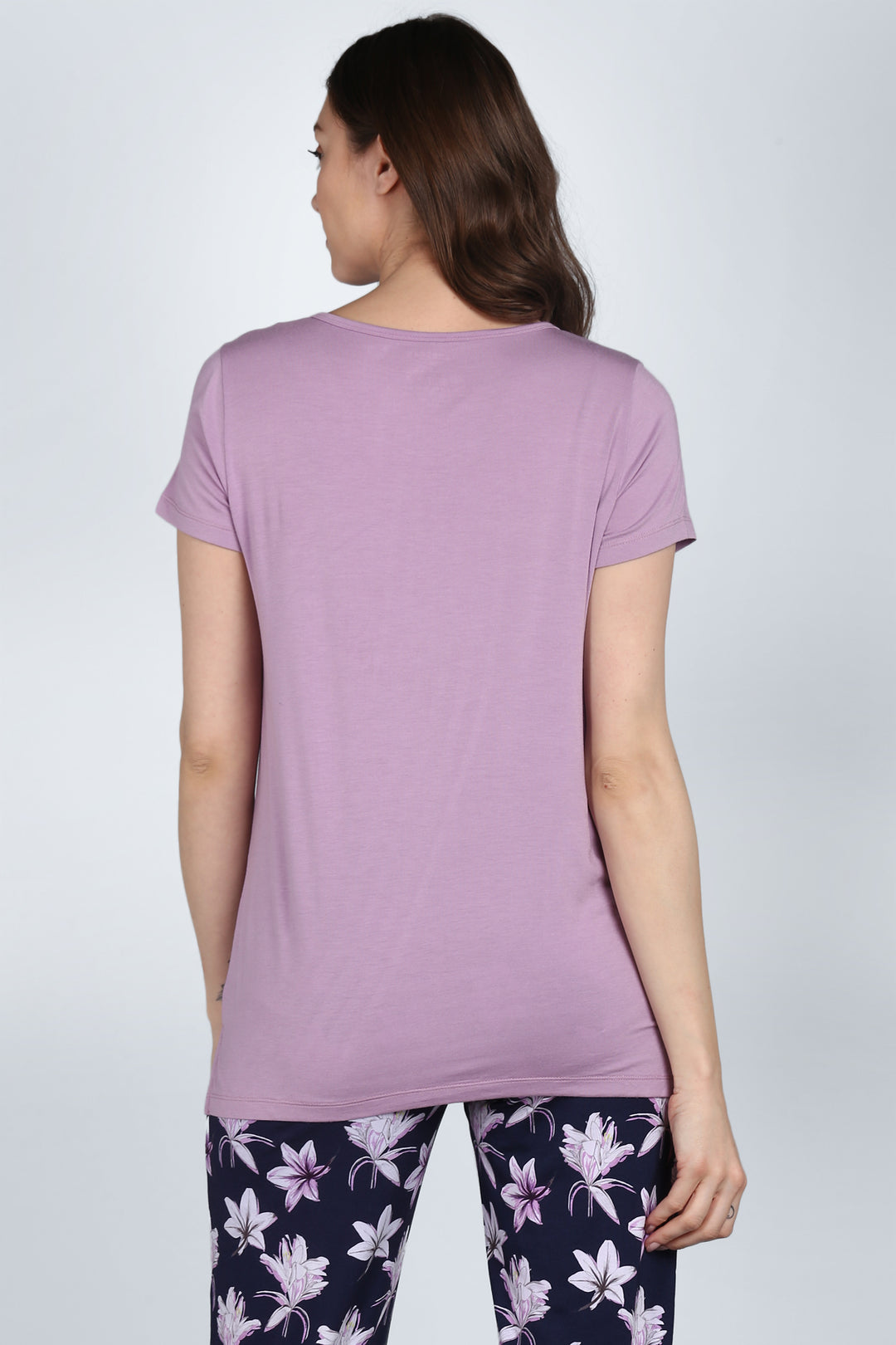 Back view of Lavender Sparkle Pajama Set with floral pants.