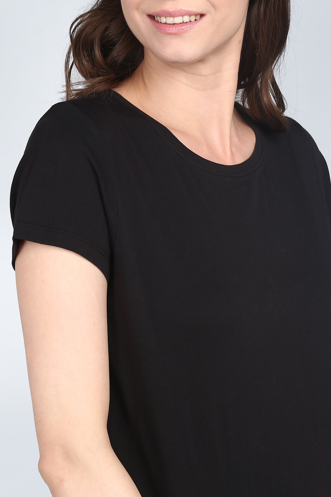Elegant black lounge set model showcasing stylish black top.