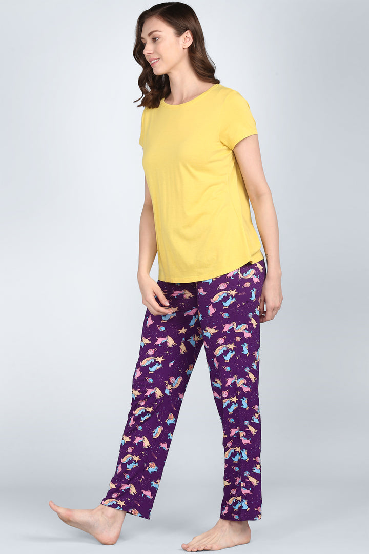 Mellow Yellow Pajama Set featuring cheerful yellow top and whimsical printed pants.