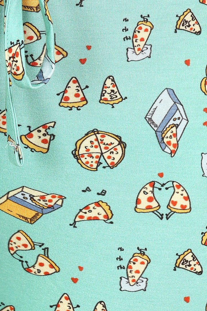 Cute pizza-themed pattern on "Pizza My Heart" pajamas.