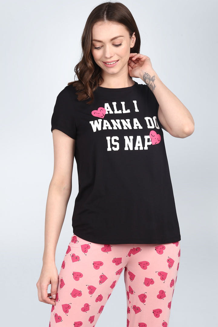 Nap Queen Pajamas set featuring fun sleep-themed graphic tee and cozy pants.