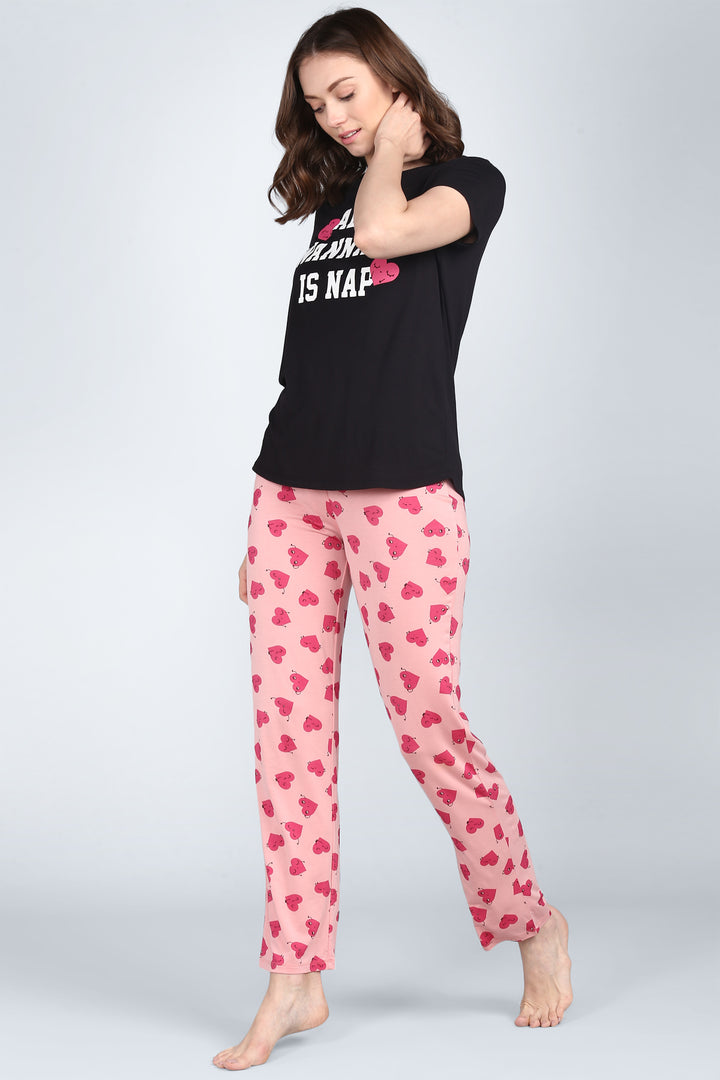 "Black Nap Queen Pajamas with pink heart print pants for women."