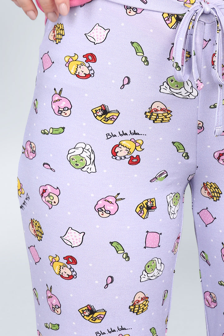Colorful "Thank You, Next Pajamas" featuring playful cartoon patterns on lavender fabric.