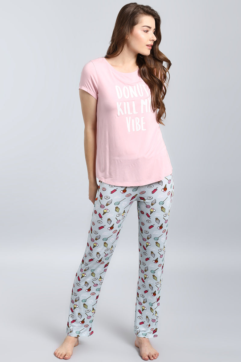 "Cozy 'Donut Kill My Vibe' pajama set for stylish relaxation."