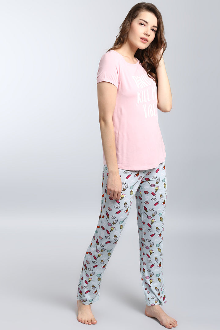 Donut Kill My Vibe Pajama Set with playful donut and dessert patterns.