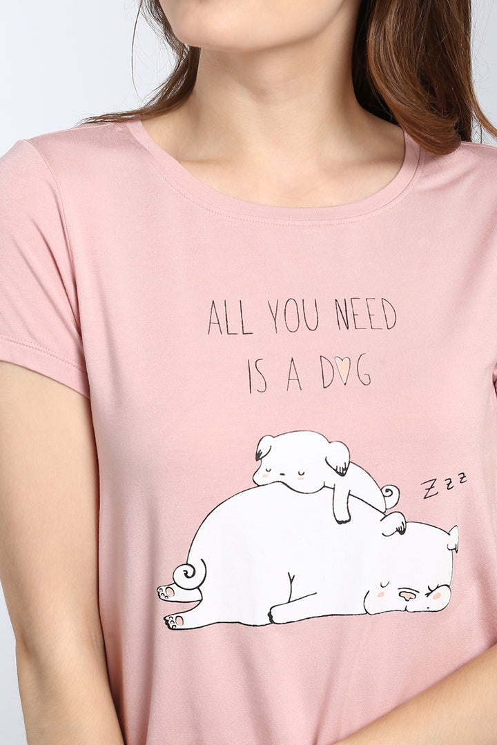 Cute pink "Puppy Love Shorts Set" featuring sleeping dog illustration.