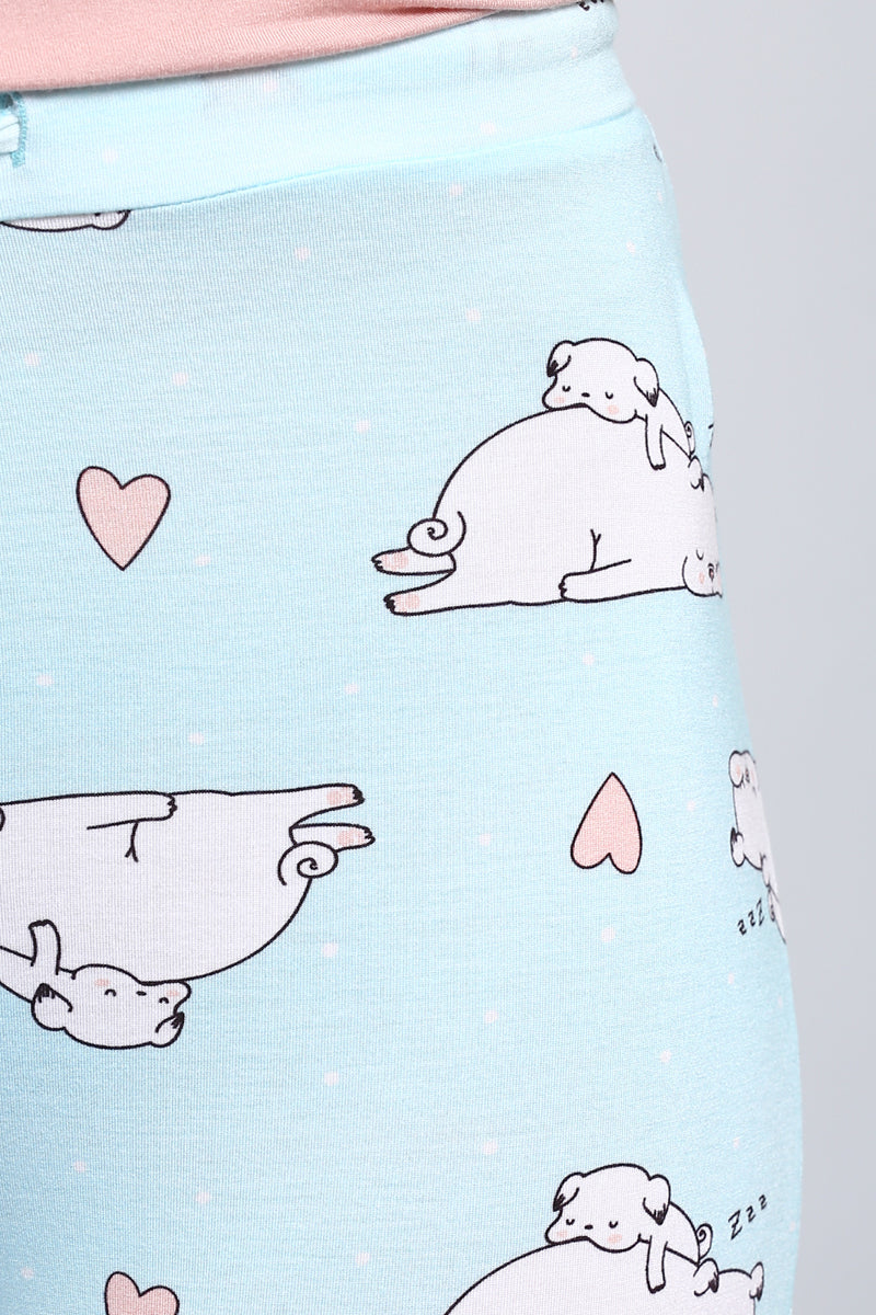 Puppy Love Pajamas featuring adorable dog patterns and hearts.