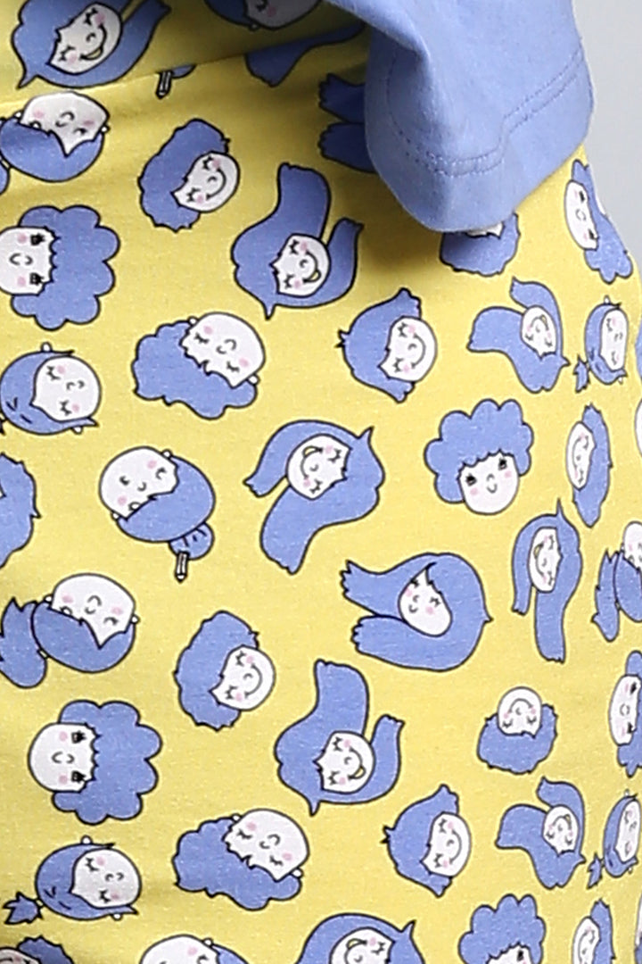 Happy Girl Shorts featuring colorful cartoon faces on yellow fabric.