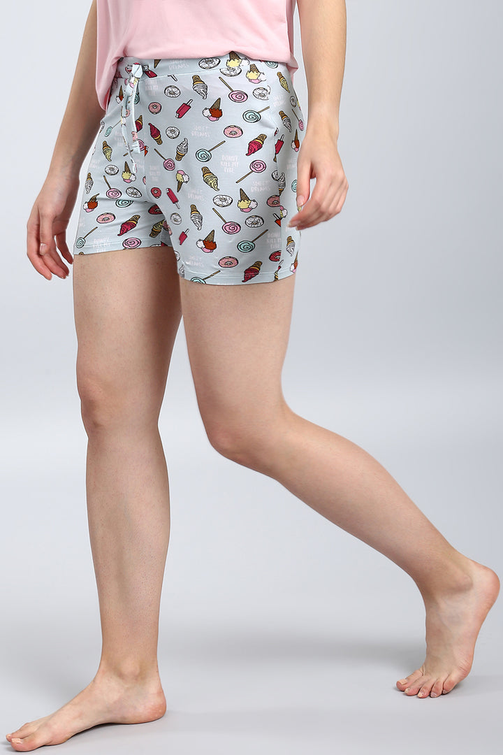 Donut Kill My Vibe Shorts Set featuring playful dessert patterns.