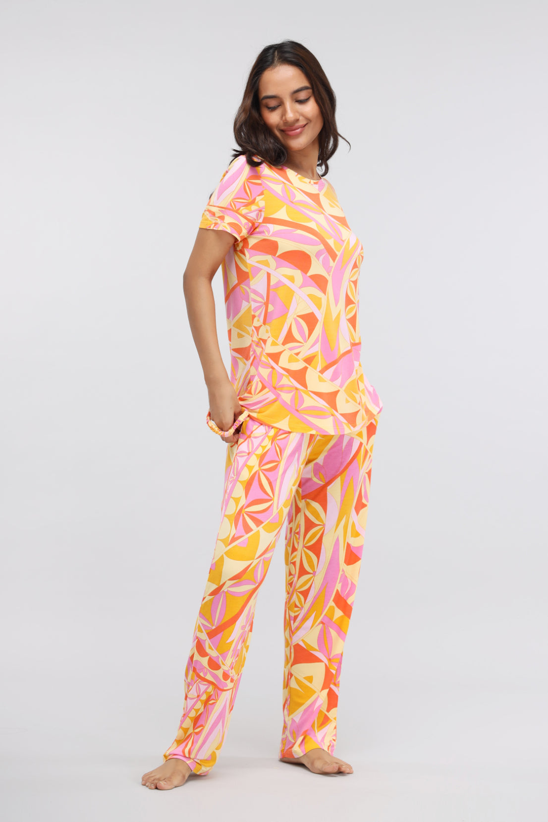 Yellow paisley print modal pajama set for stylish comfort.