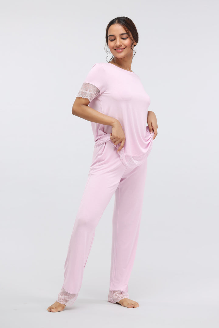 Soft Pink Lace Modal Pajama Set