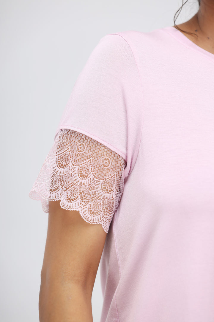 Soft pink lace modal shorts set detail with delicate lace sleeve.