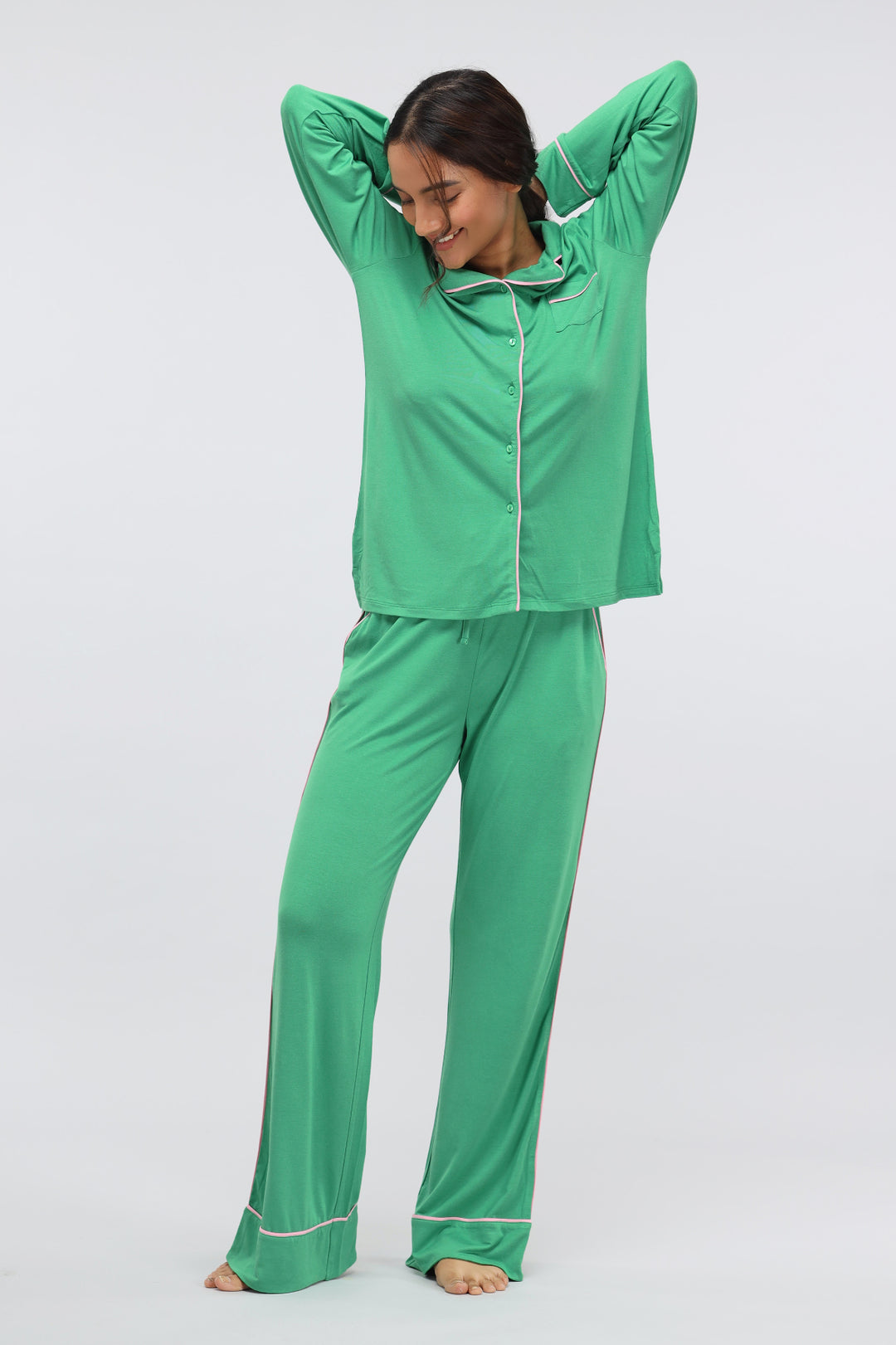 Green Bee Piping Full Sleeve Modal Pajama Set