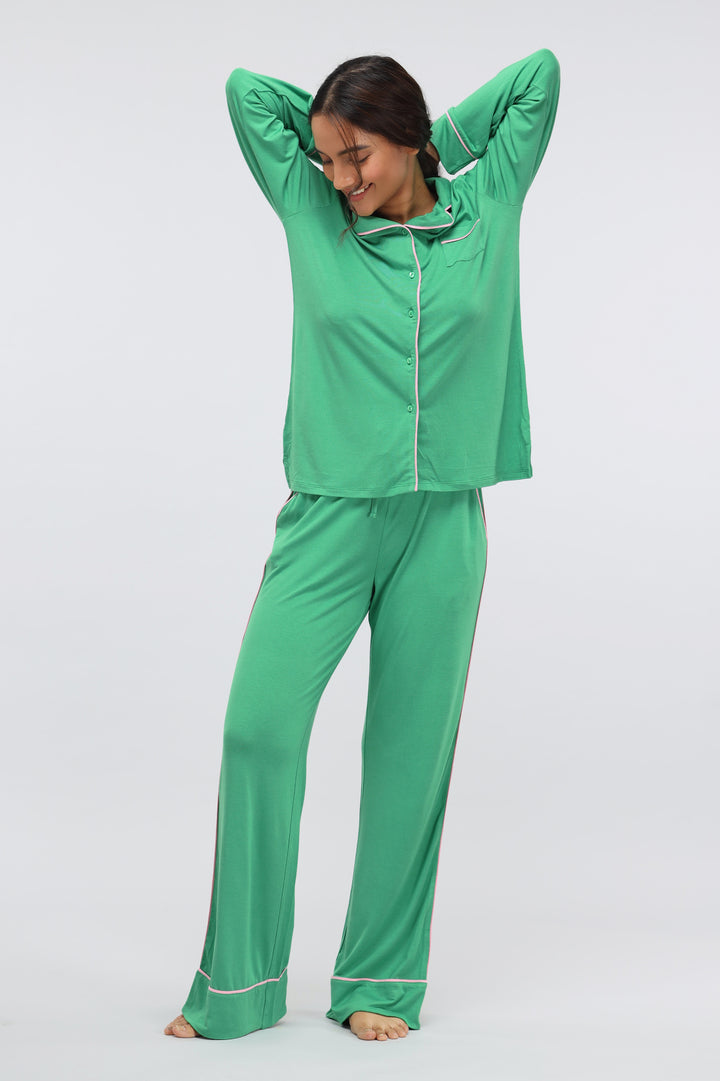 Green Bee Modal Piping Full Sleeve Top