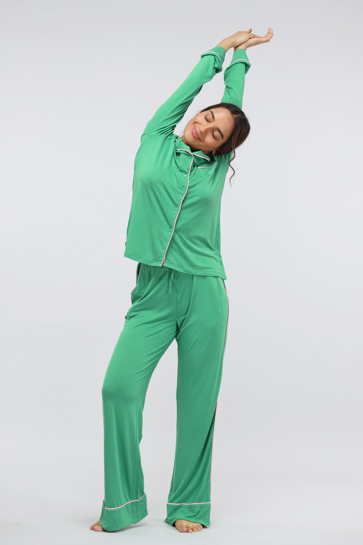 "Model wearing Green Bee Full Sleeve Modal Pajama Set, stylish and comfortable."