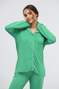 Green Bee Modal Piping Full Sleeve Top on a model, casual chic style.