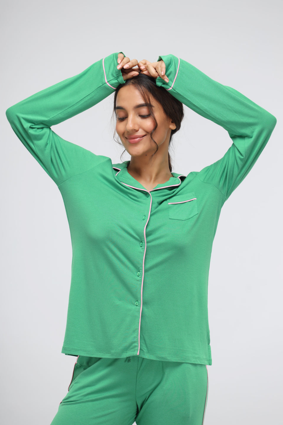 Green Bee Piping Full Sleeve Modal Pajama Set