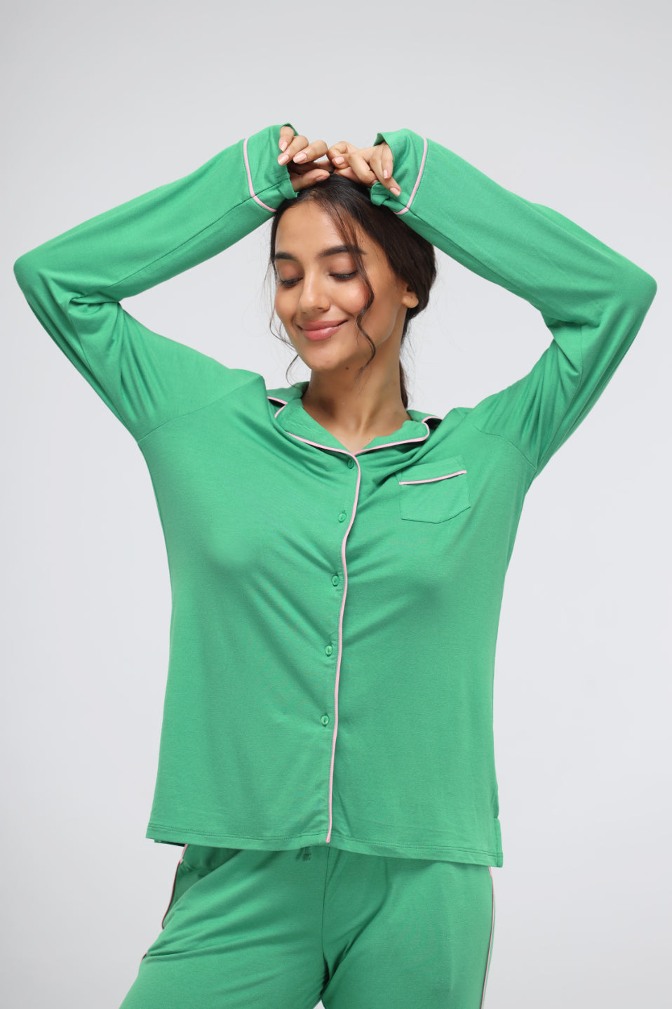 Green Bee Modal Piping Full Sleeve Top