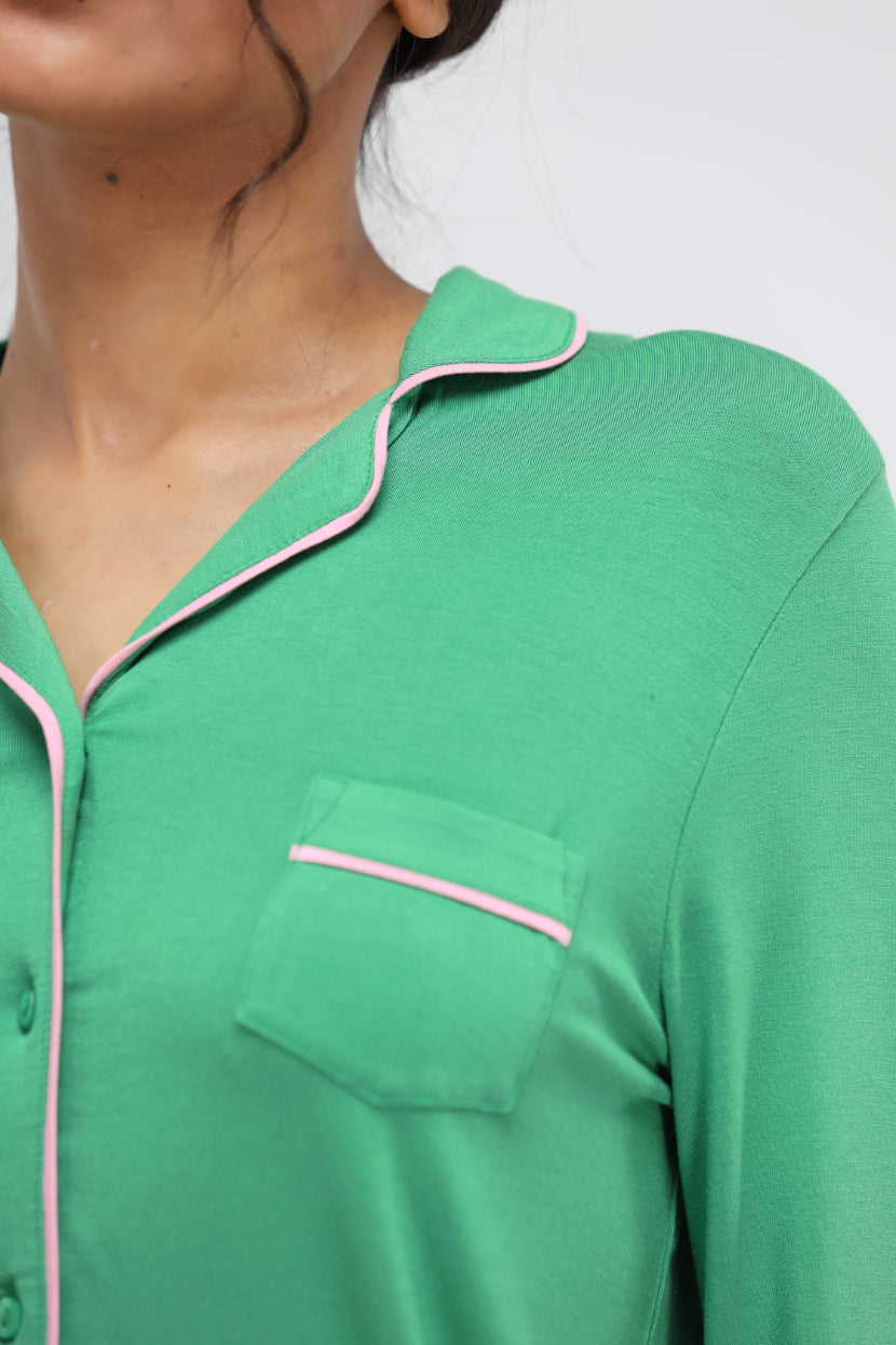 Green Bee Modal Piping Full Sleeve Top with pink trim and pocket.