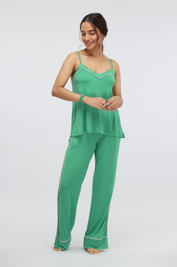 Green Bee Modal Piping Tank Top with matching pants, casual stylish loungewear.