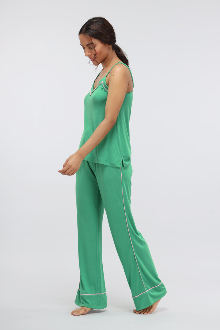 Green Bee Modal Piping Tank Top in vibrant green with stylish cut.