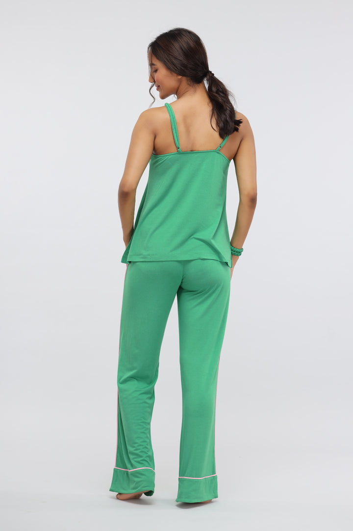 Green Bee Piping Modal Pajama Set, tank top and pants, vibrant green color.