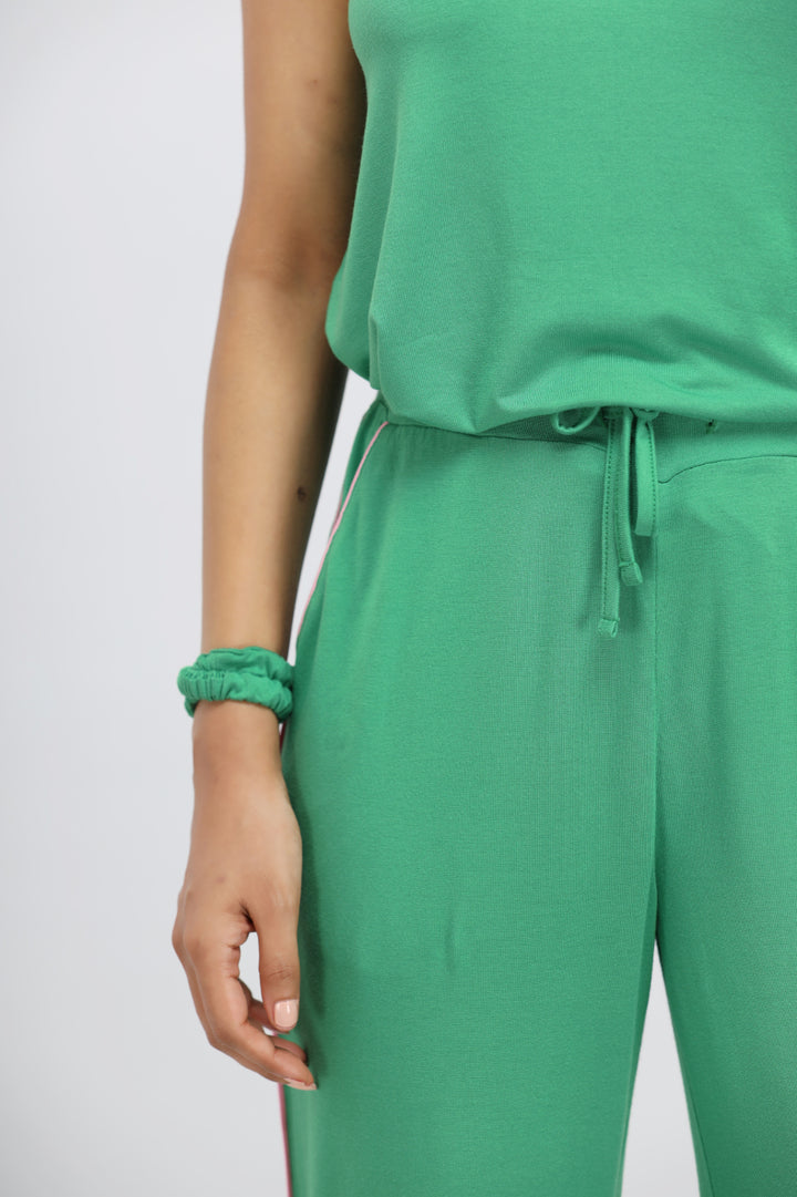 Green Bee Modal Piping Lounge Pant detail featuring tie waistband and soft fabric.
