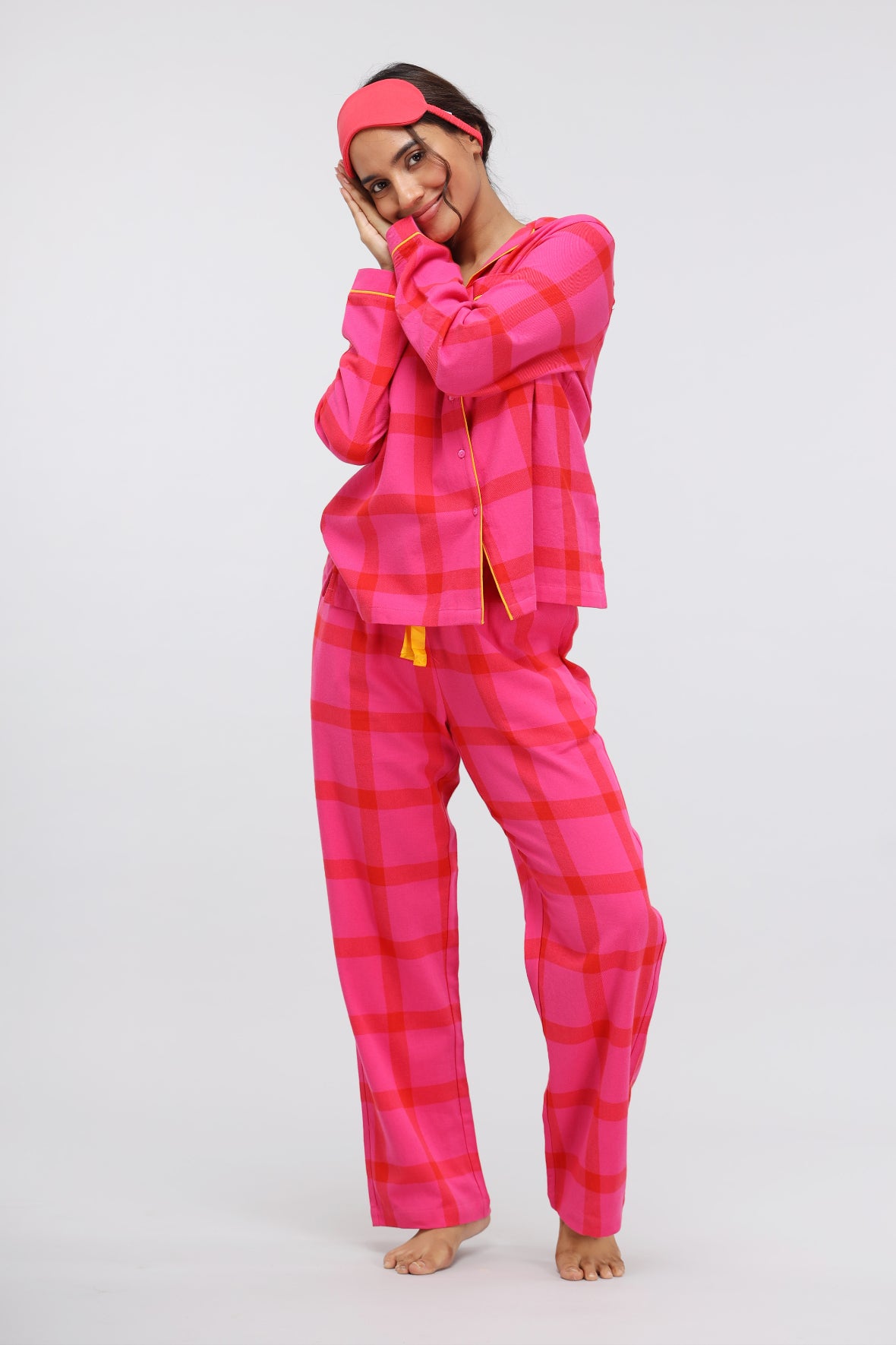 Pink soft cotton plaid pajamas for cozy, stylish lounging.