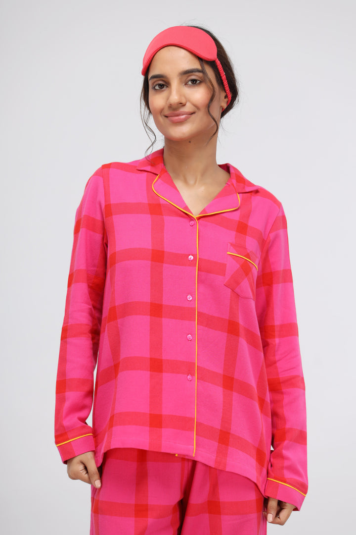 Pink soft cotton plaid button-down shirt with contrasting yellow detailing.