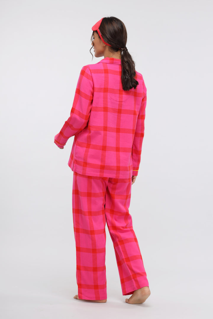Pink soft cotton plaid pajama set for women, stylish and comfortable.