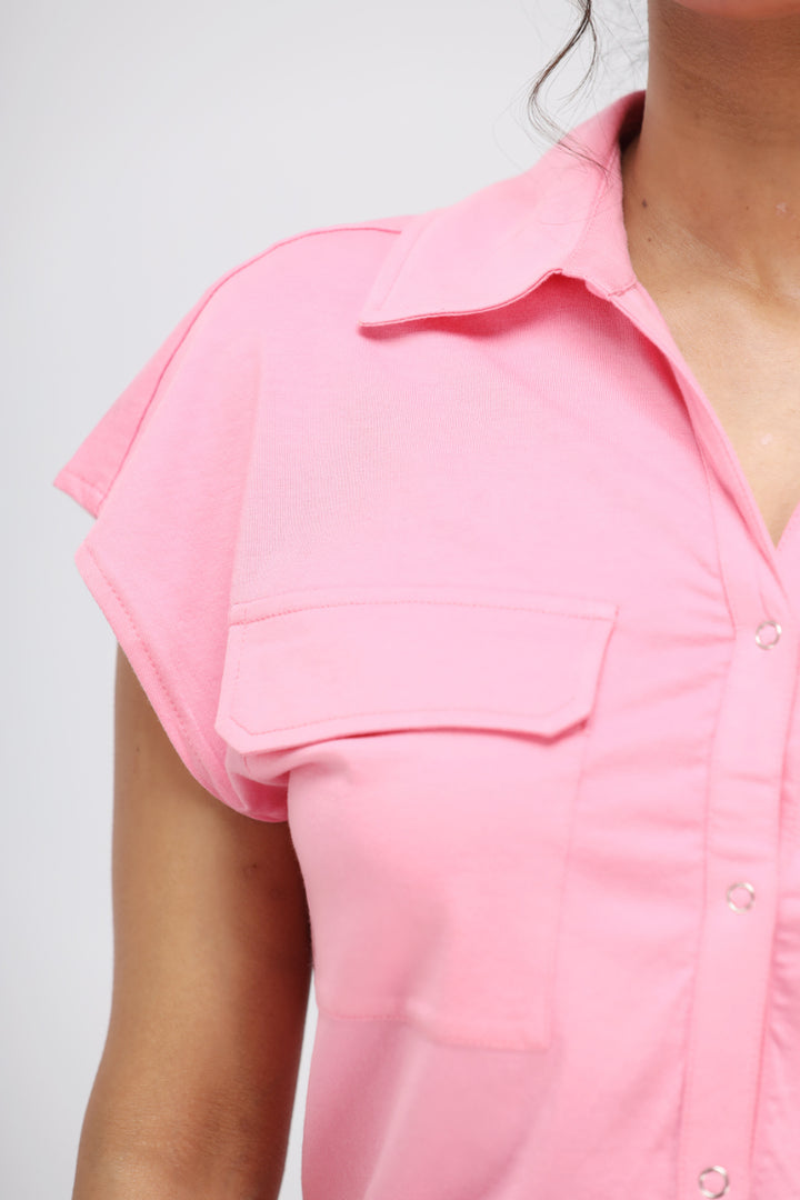 Sachet Pink Supima® collared top with stylish pocket design.