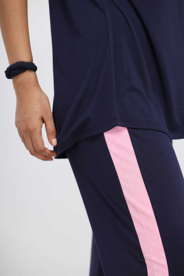 Blue Supima® pink stripe classic pajama set close-up, featuring soft fabric and stylish design.