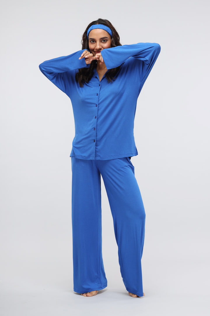 Olympian Blue Modal Long Button Down Slit Top outfit for women.