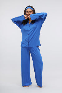 Olympian Blue Flared Lounge Set with button-down long top for comfort.